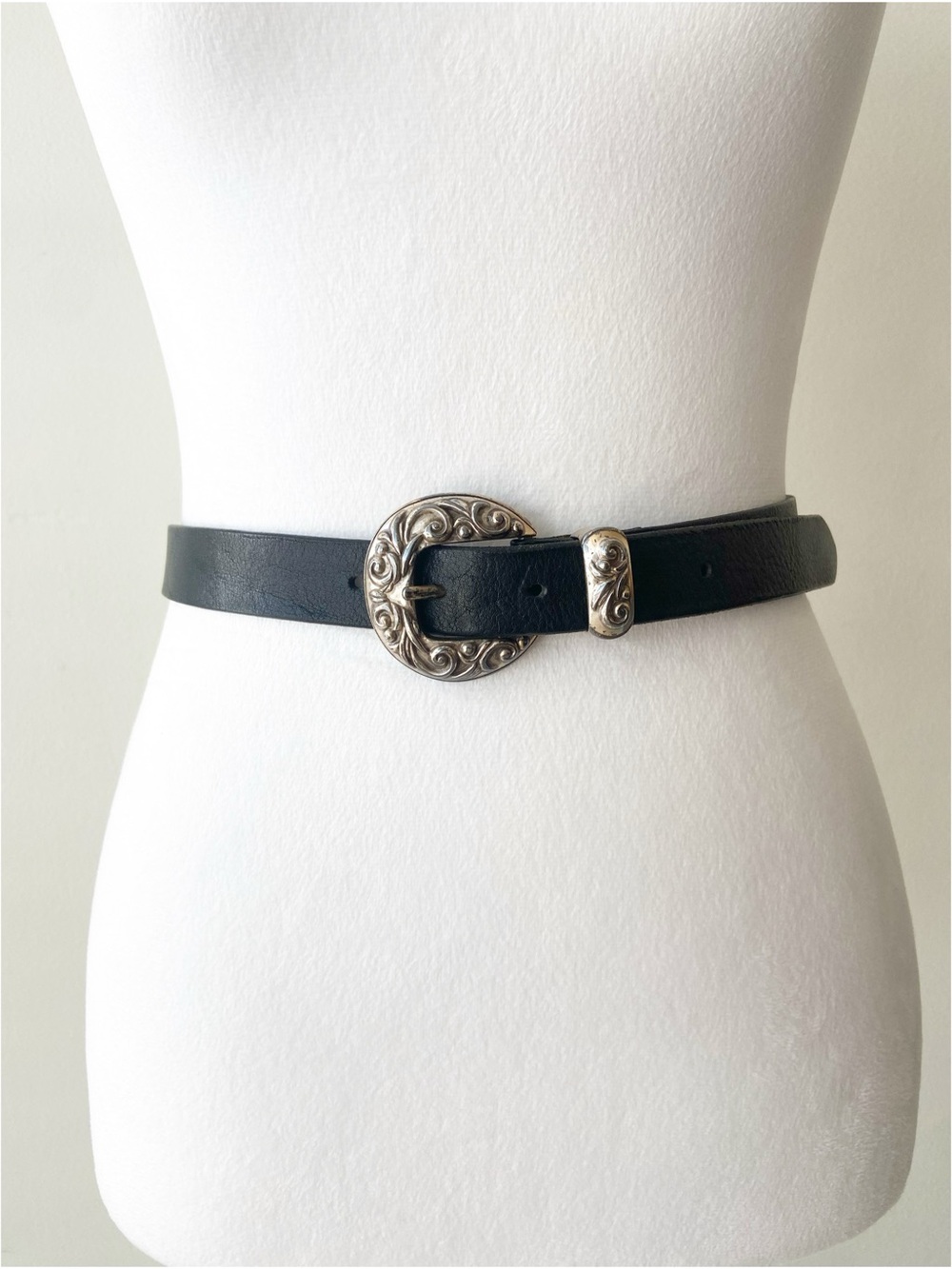Black Leather Western-Style Belt with Silver Buckle